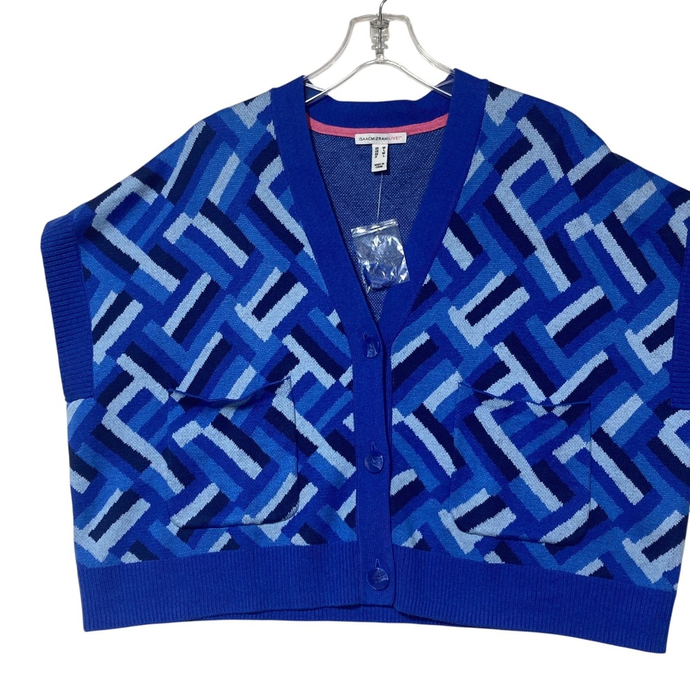 Isaac Mizrahi Live Blue Geometric Knit Button Front Cardigan Vest A396844 Mens M